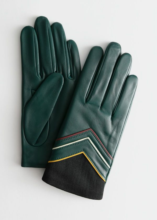 Premium Emerald Green Leather Gloves with Chevron Accent & Knit Cuffs